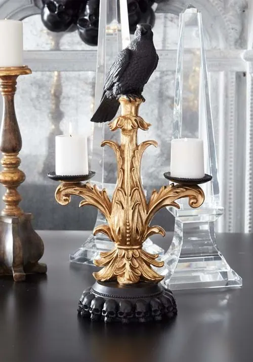 21" Gold & Black Resin Candelabra with Black Crow Decoration | Candles Holders