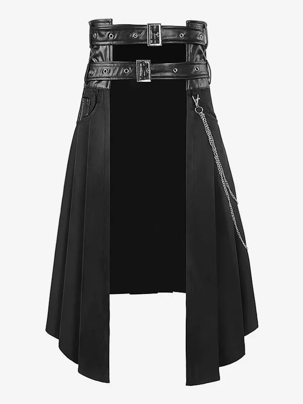 Black Vintage Skirt Retro Grommets Steampunk Gothic Asymmetrical Pleated Skirt Retro Costumes