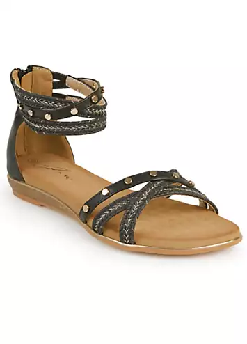 Exclusive Black Stud Braided Ankle Strap Flat Sandals by Lunar | Look Again