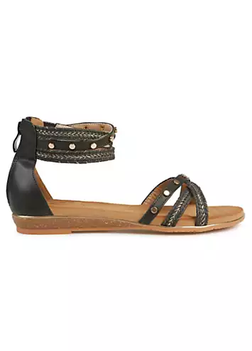 Exclusive Black Stud Braided Ankle Strap Flat Sandals by Lunar | Look Again