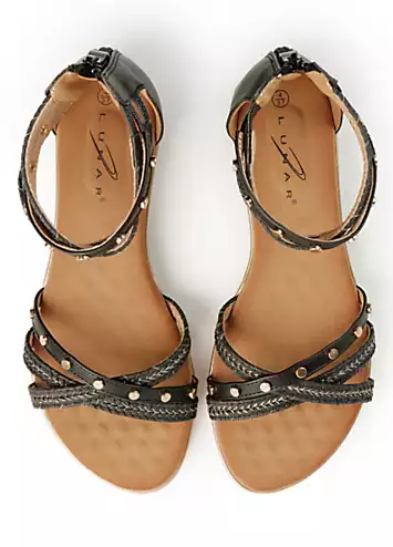 Exclusive Black Stud Braided Ankle Strap Flat Sandals by Lunar | Look Again