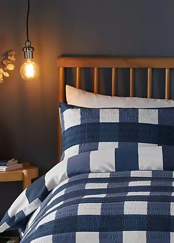 Fusion Navy Seersucker Gingham Check Brushed Cotton Rich Duvet Cover Set | Kaleidoscope