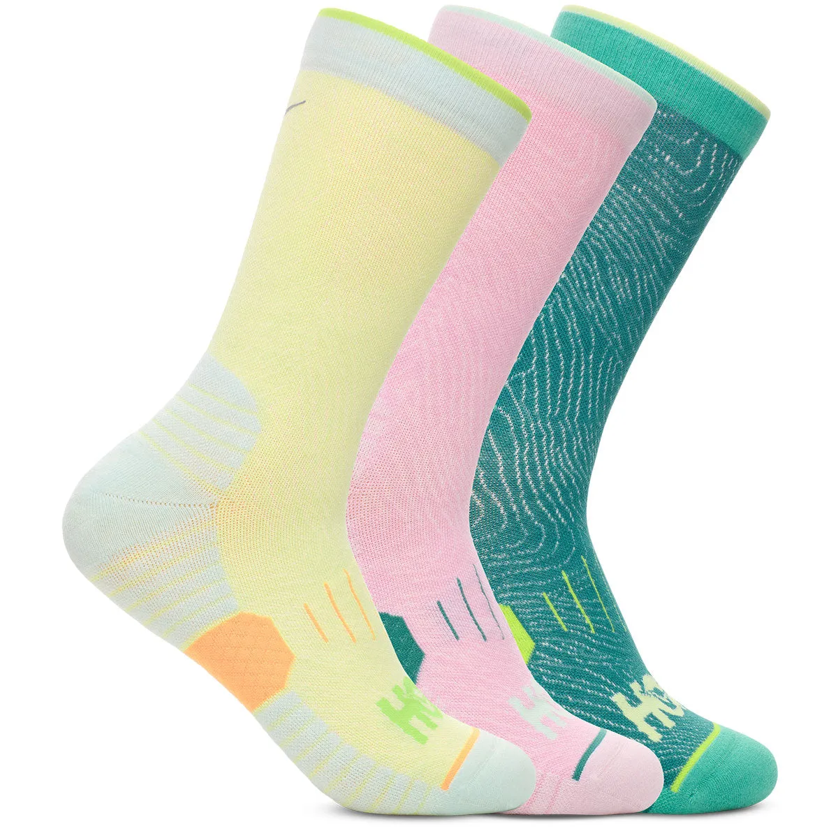 Hoka Crew 3 Pack Run Socks - Adult - Celery Root/Pink Twilight/Oceanic