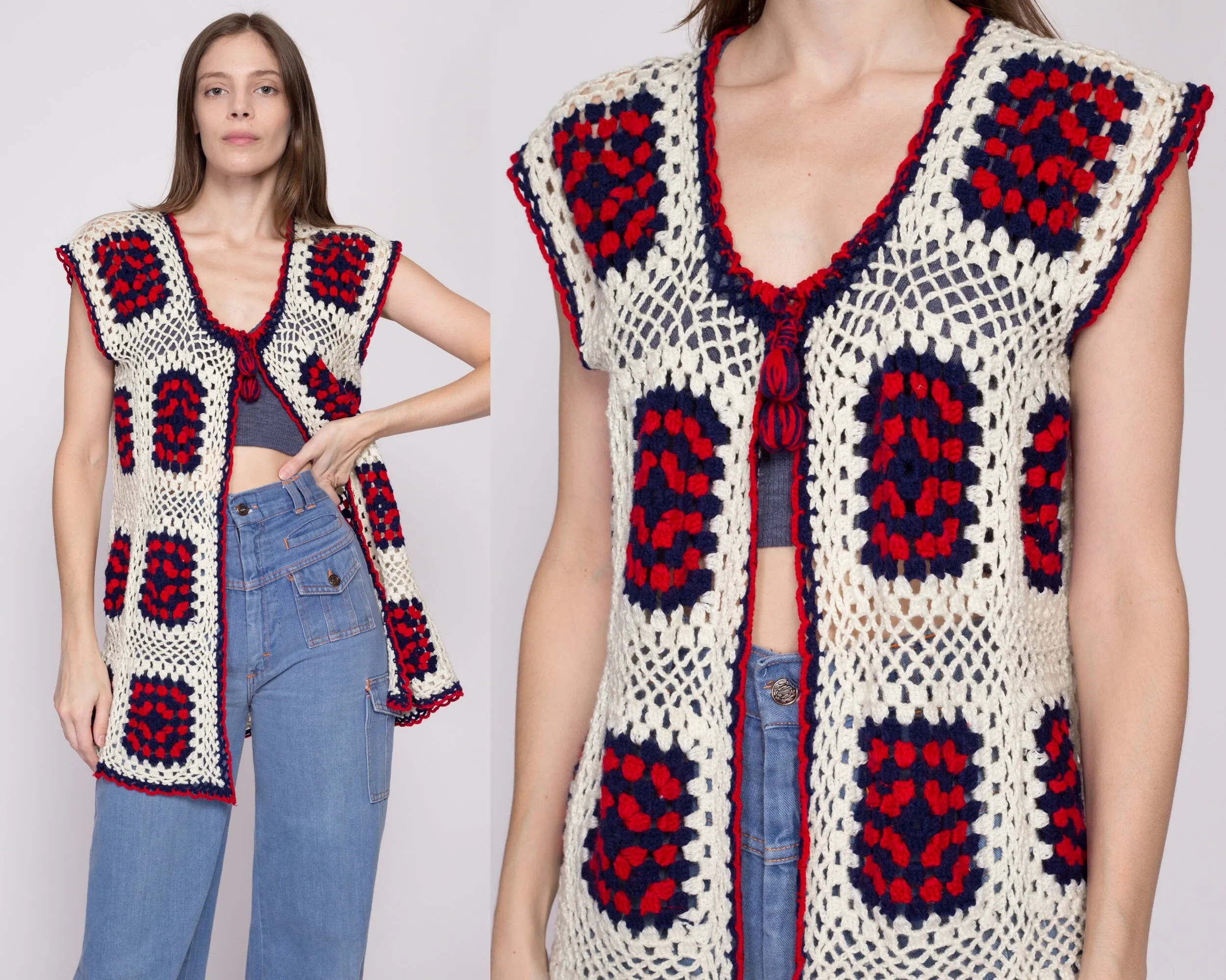 One Size 70s Granny Square Crochet Knit Hippie Vest