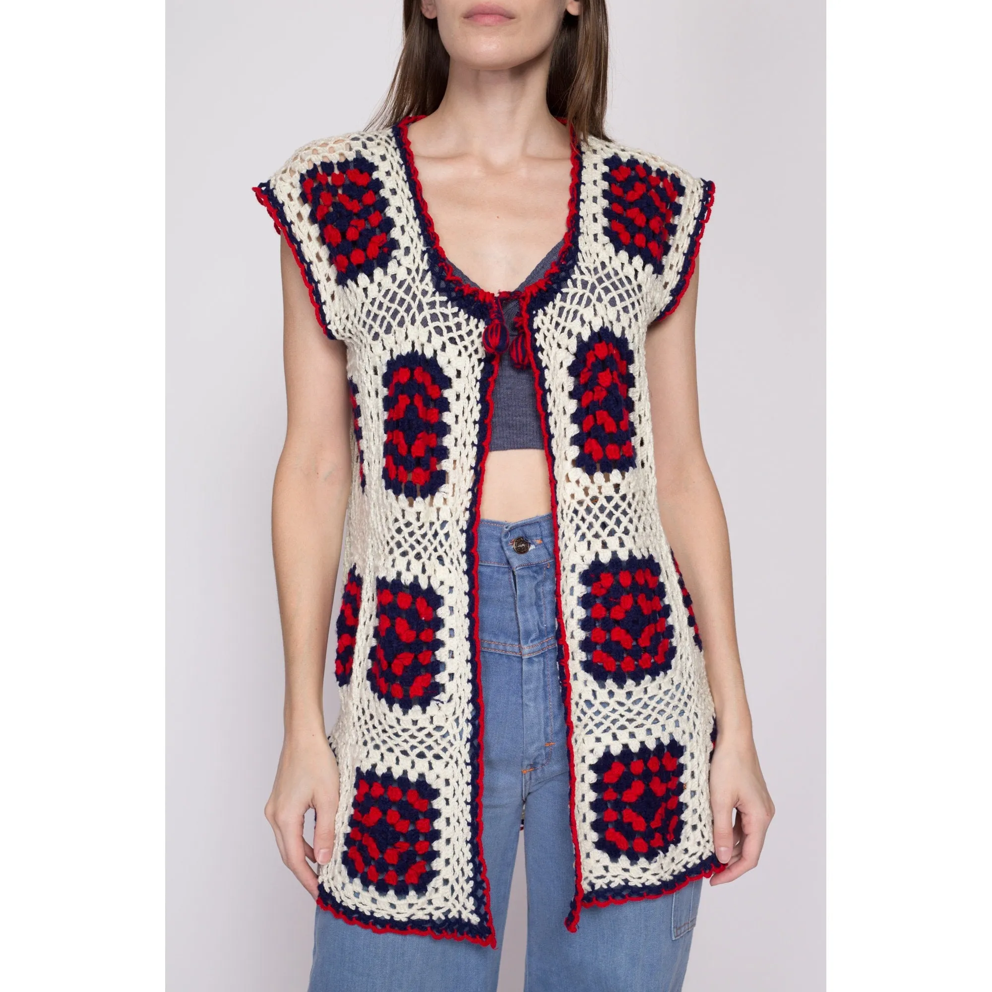 One Size 70s Granny Square Crochet Knit Hippie Vest