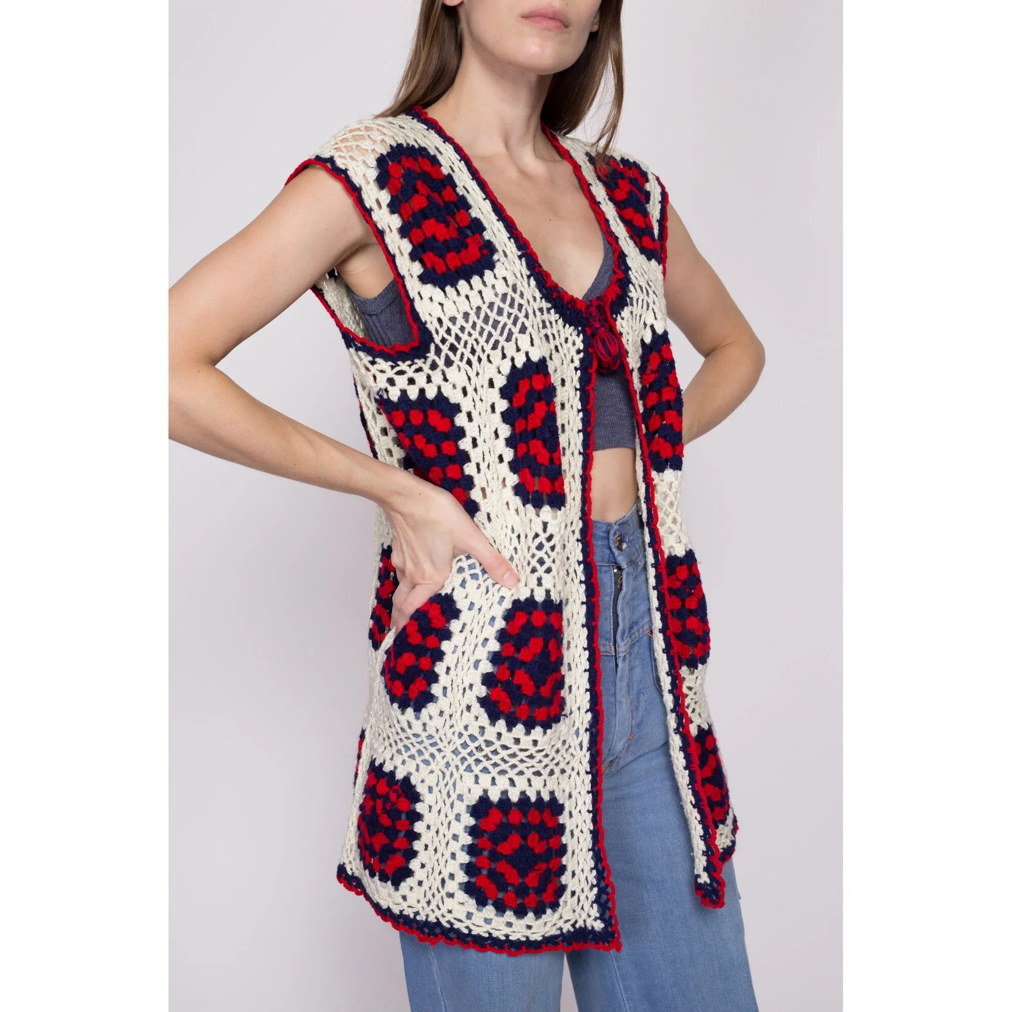 One Size 70s Granny Square Crochet Knit Hippie Vest