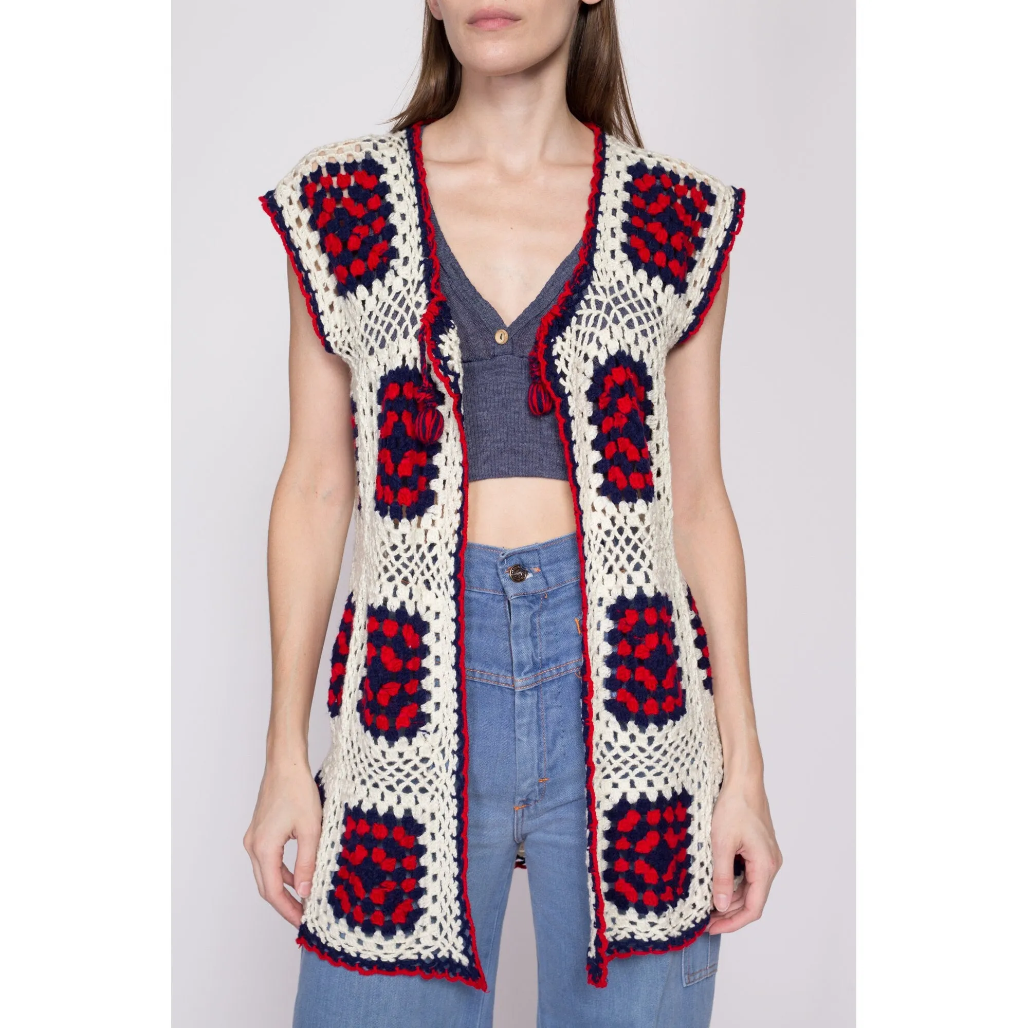 One Size 70s Granny Square Crochet Knit Hippie Vest