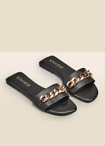 Paradiso Black Chain Detail Flat Leather Mule Sandals by Sosandar | Look Again