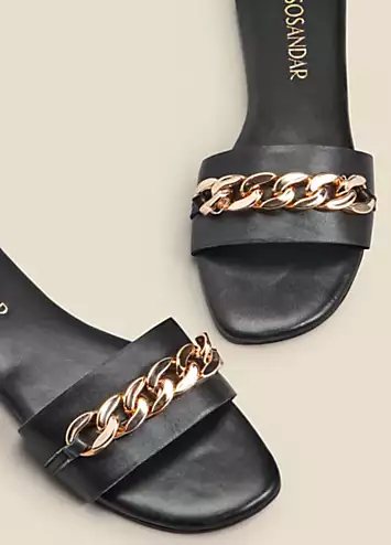 Paradiso Black Chain Detail Flat Leather Mule Sandals by Sosandar | Look Again