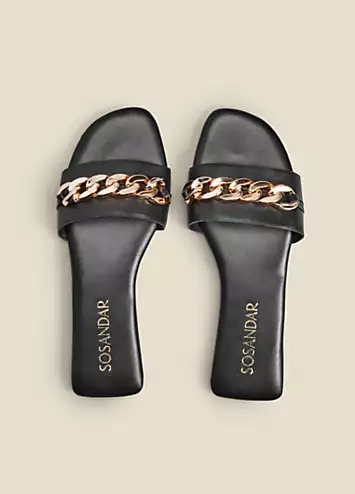 Paradiso Black Chain Detail Flat Leather Mule Sandals by Sosandar | Look Again