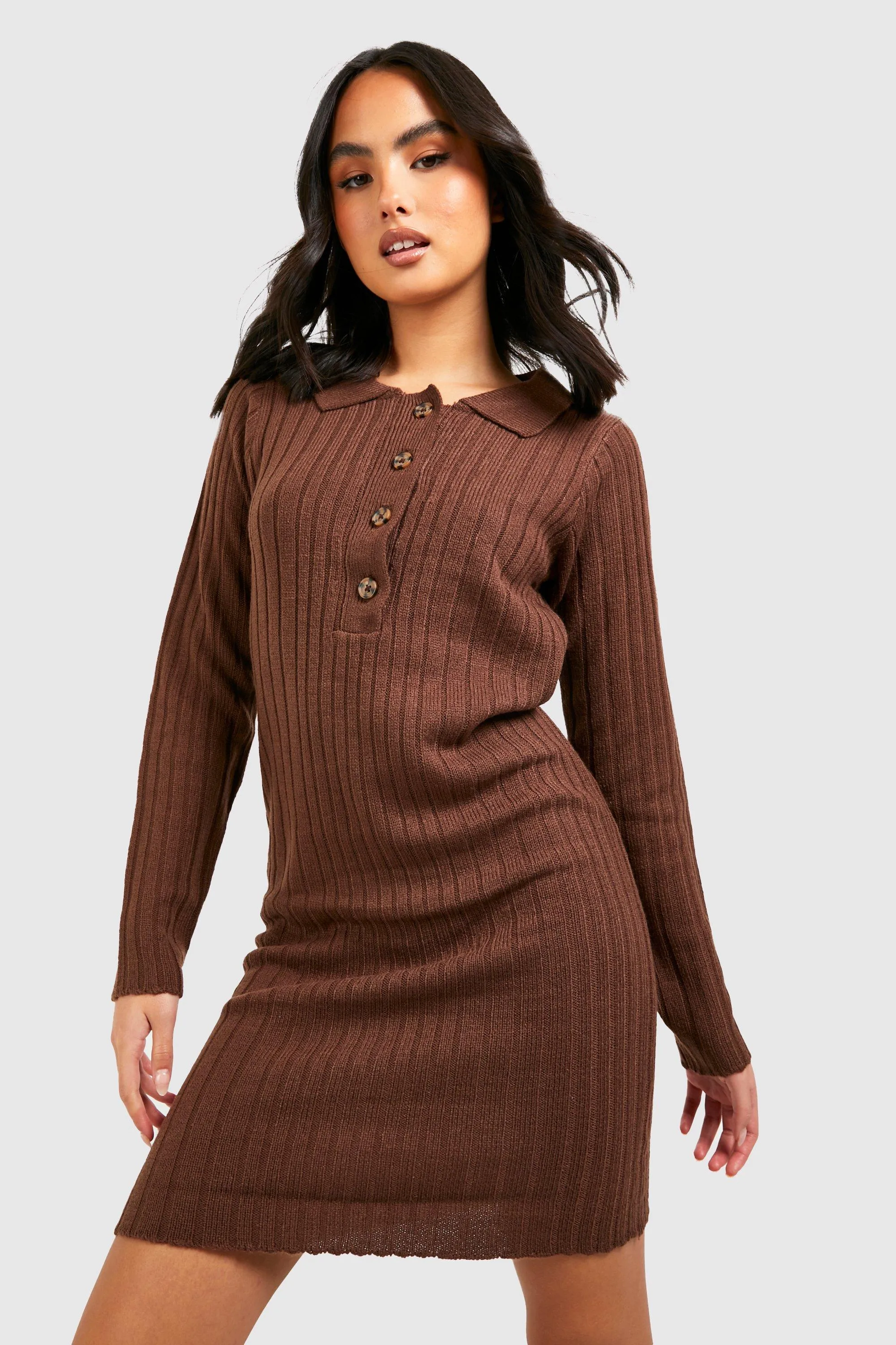 Polo Collar Rib Knit Mini Dress