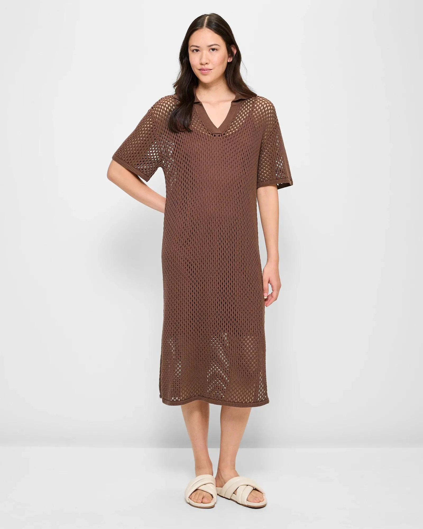 popular  Crochet Knit Polo Midi Dress