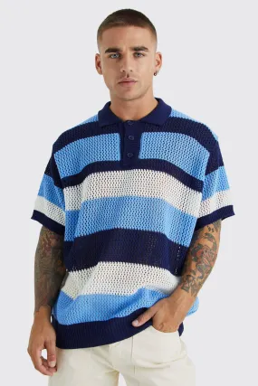 Short Sleeve Oversized Crochet Stripe Polo