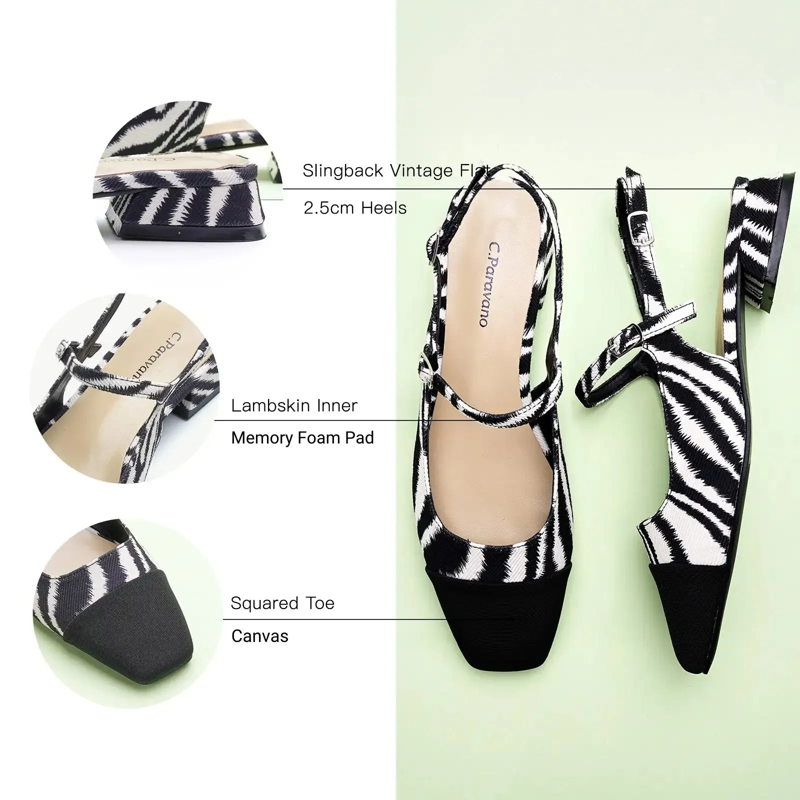 Square-Toe Prints Slingback Flats (Felicia) Zebra