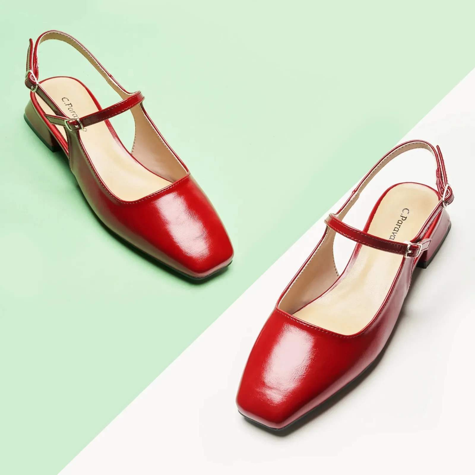 Square-Toe Sleek Slingback Flats (Felicia) Red