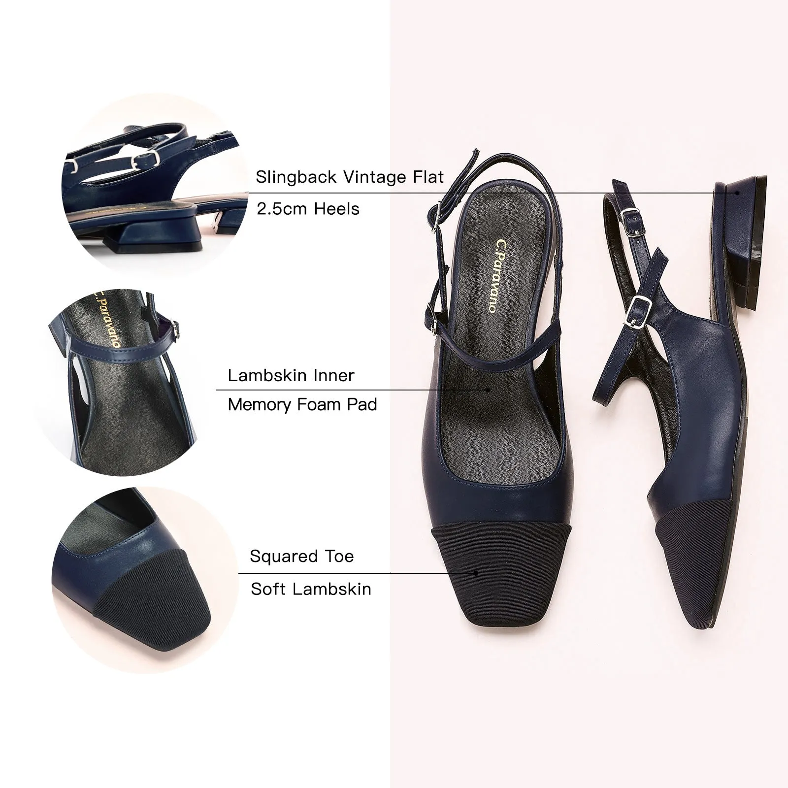 Square-Toe Slingback Flats (Felicia) Navy