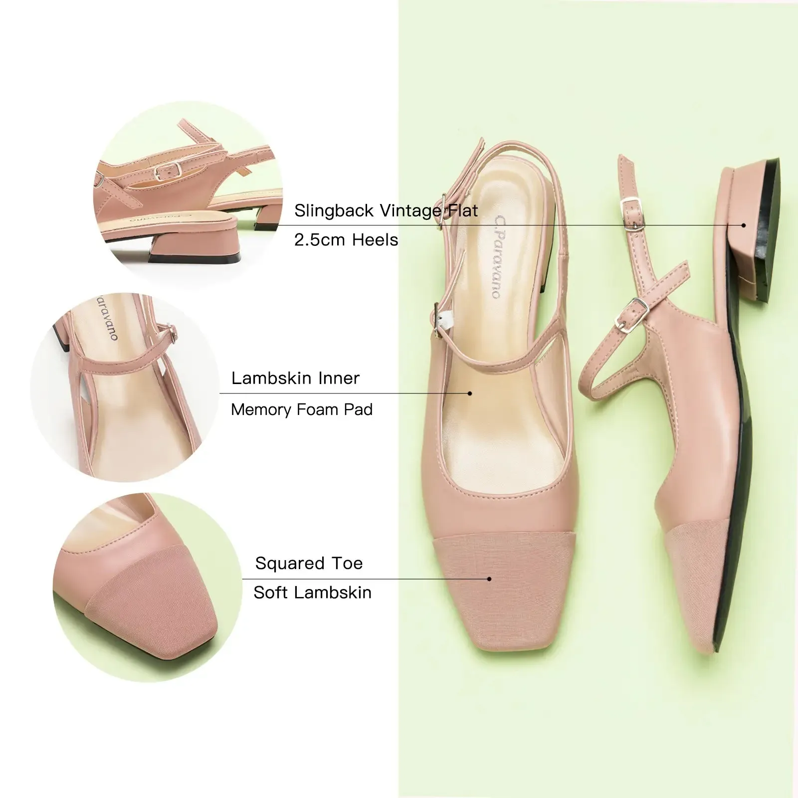 Square-Toe Slingback Flats (Felicia) Pink