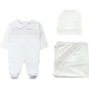 Tecomoabesos Smock Blanket, Footie & Beanie Pima Set, White