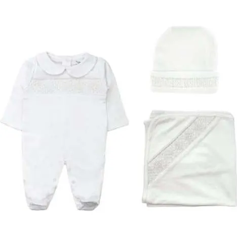 Tecomoabesos Smock Blanket, Footie & Beanie Pima Set, White